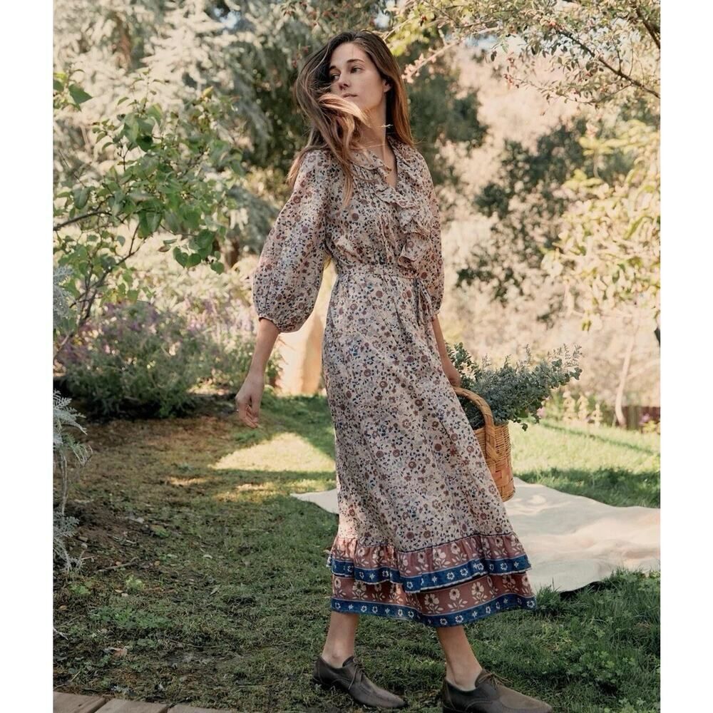 Christy Dawn The Plum Dress S Sand Anemone Vine Puff Floral Ruffle Paisley Boho - Picture 2 of 13